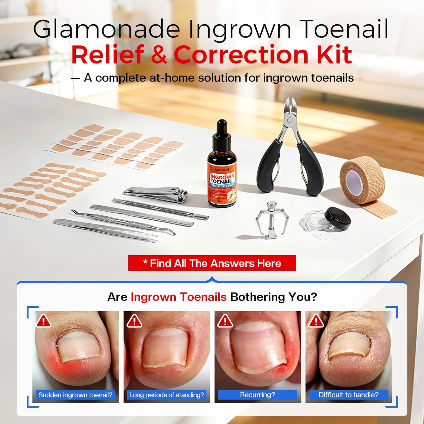 Glamonade Ingrown Toenail Removal Kit: Complete Ingrown Toenail Tool With Corrector Patch And Relief Softening Drops For Soothing Comfort, At‑Home Professional Kit For Men & Women with Curved Toenails