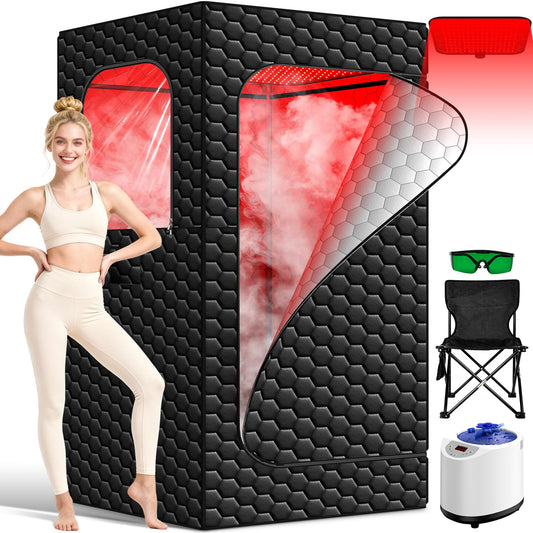 bsdonte Infrared Sauna Box, 160 LEDs Red Light Sauna Steam Room, Portable Sauna Tent with 3L/1200W Steamer, 15 Heating Levels, Folding Chair, Indoor Saunabox for Home Spa Relaxation