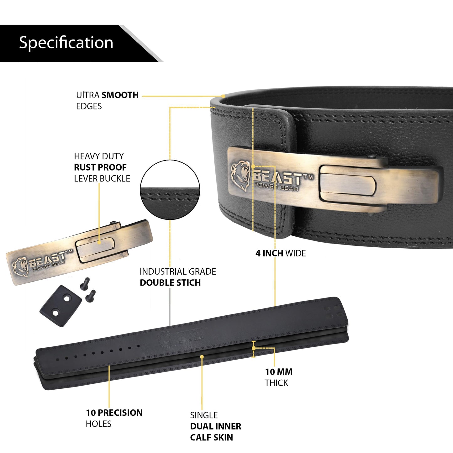 Beast Power Gear Lever belt Weight Lifting 10MM 13MM Leather Lever Belt Powerlifting- Free Strap Lower Back Support for Weightlifting, Deadlifts, Squats, Power Belt- Men & Women (Black/Black, Medium)