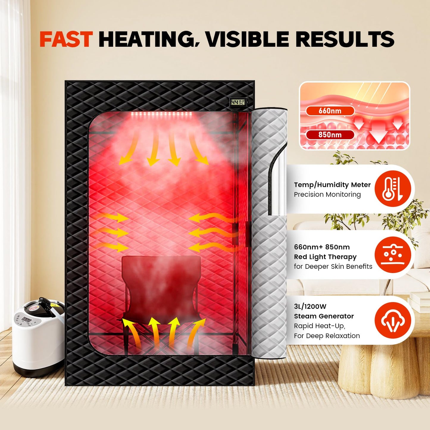 Viconor Red Light Sauna, Portable Steam Infrared Sauna with 660nm & 850nm Red Light Therapy for Home, Full Body Steam Sauna Box for Relaxation, 3L/1200W Steamer, 9 Levels Heat, Timer, Folding Chair