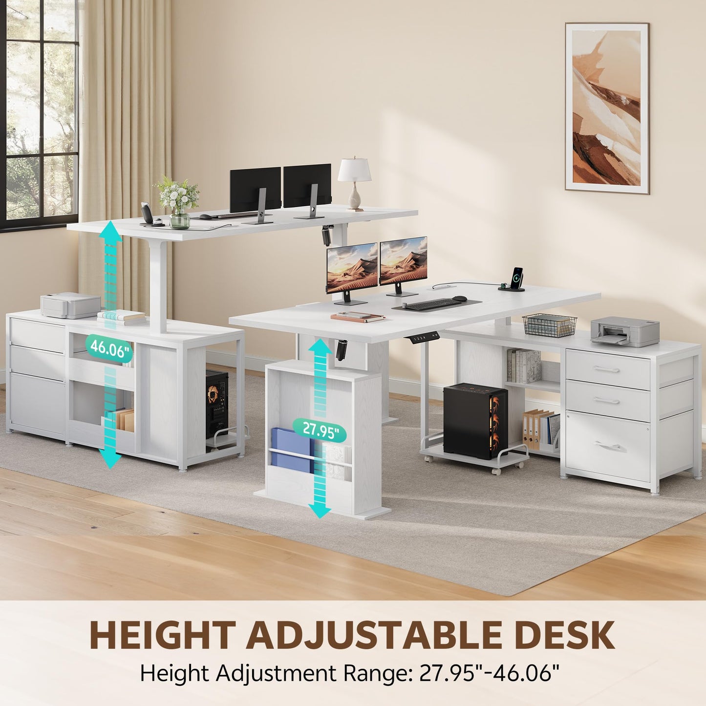 Homiflex 63" L Shaped Standing Desk with 3 Drawers Electric Adjustable Height Desk Corner Standing Desk with Storage Computer Game Desk with Power Outlets Computer Tower Stand for Home Office, White