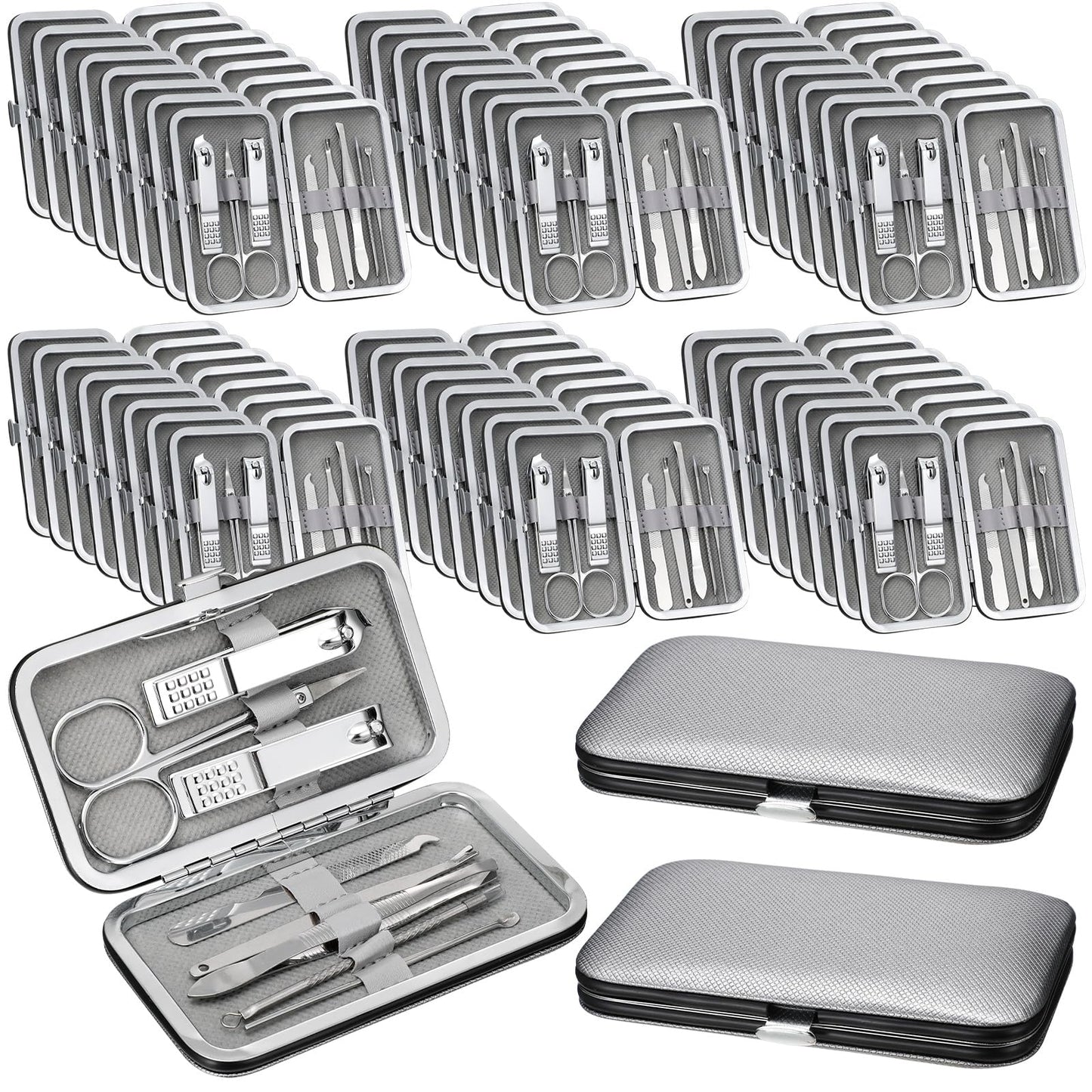 Geosar 50 Set 8 in 1 Travel Manicure Kit Bulk Professional Nail Clippers Pedicure Nail Care Tools Grooming Stainless Steel Set with Portable Travel Case, Gift for Valentine Men Women(Sliver)