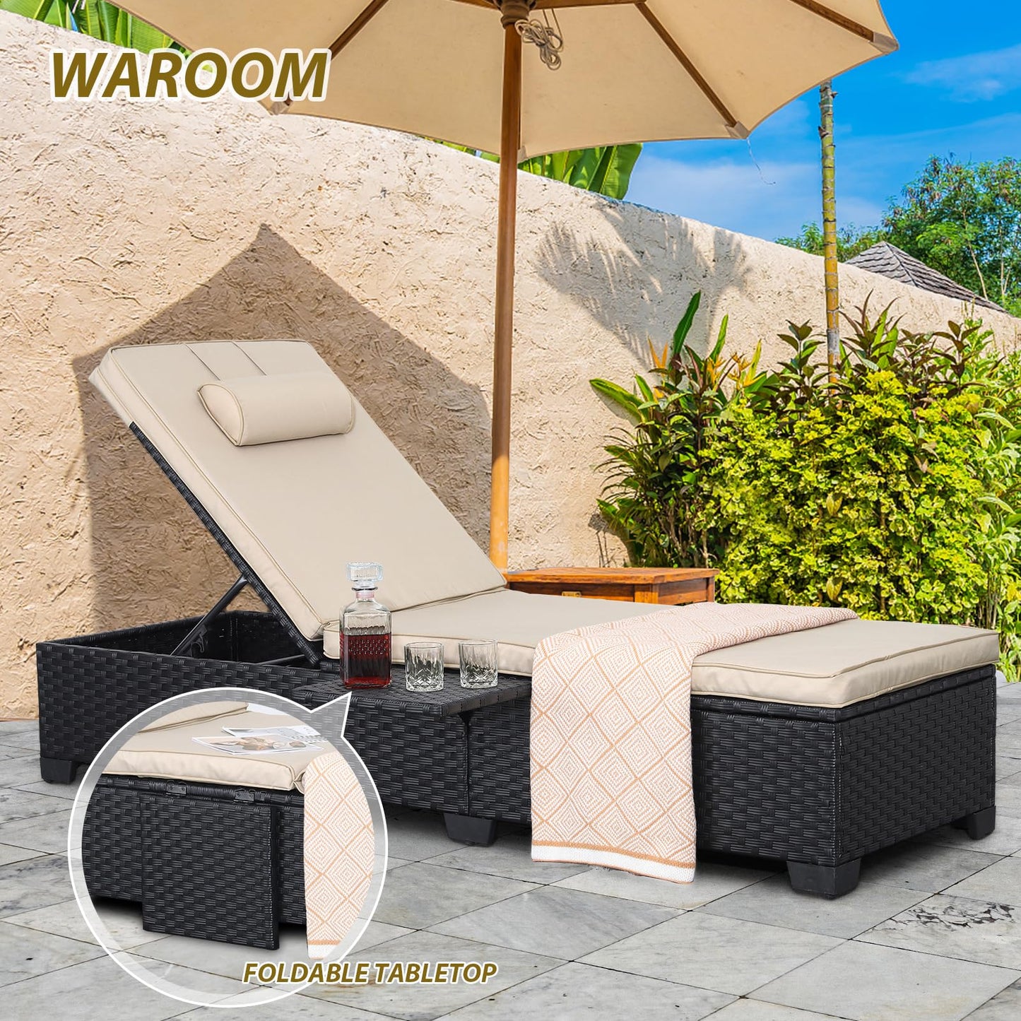 WAROOM Outdoor Chaise Lounge Chairs for Outside Patio Furniture Set of 2 Wicker Recliner Black Rattan Sunbathing Lounger Adjustable Backrest Pool Reclining Chair, Khaki Cushion