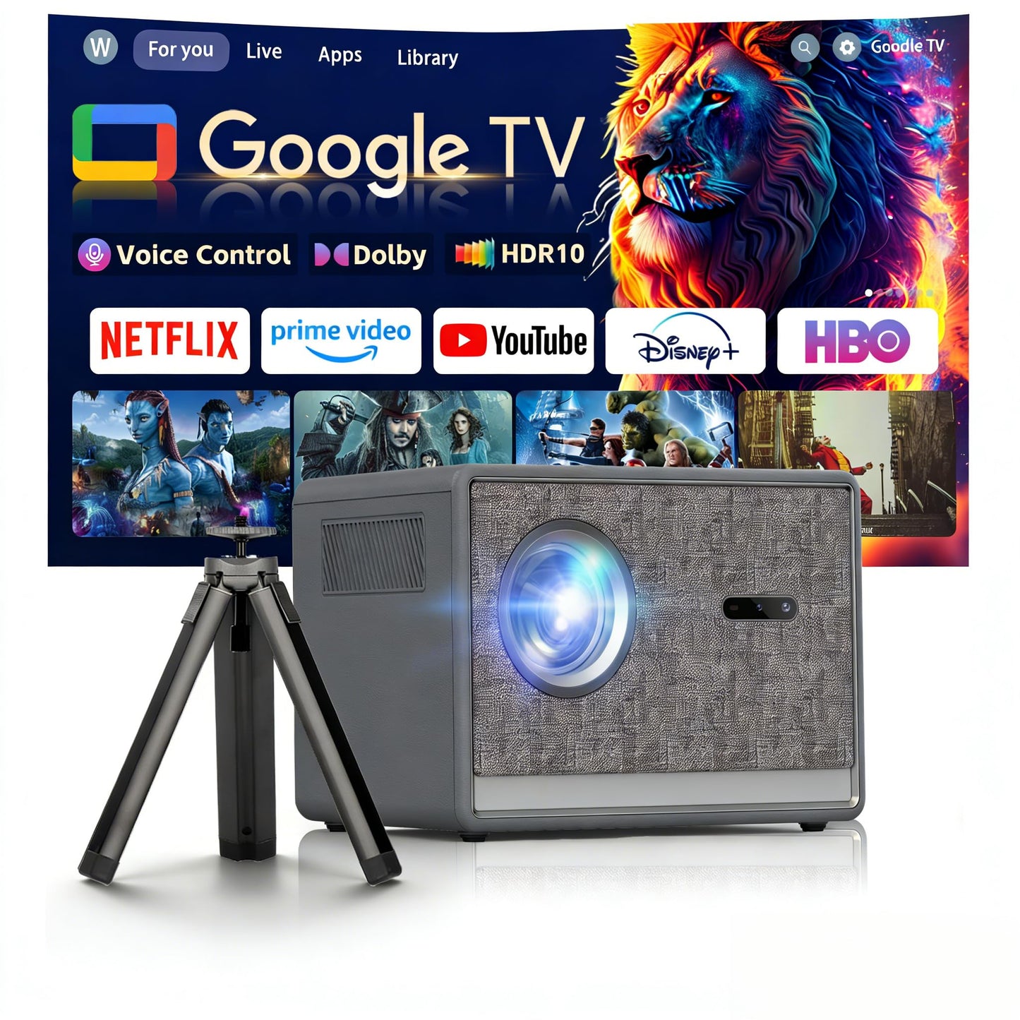 Movie Projector with Google TV & Voice Assistant,1500 ANSI Lumens 1080P Native,4K Support Outdoor Smart Projector, Auto Focus,Office Home Theater Video Projector with WiFi 6 & Bluetooth