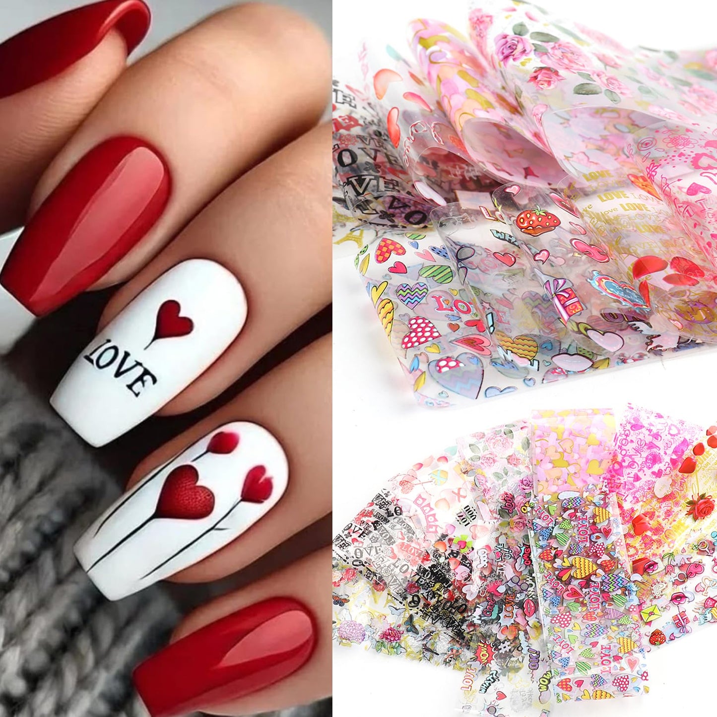 Rose Flower Nail Foil Transfer Nails Art 50PCS Valentine's Day Nail Art Foils Sheets Love Heart Lips Designs Stickers Starry Sky DIY Valentines Decals for Women Acrylic Supplies Manicure Decoration