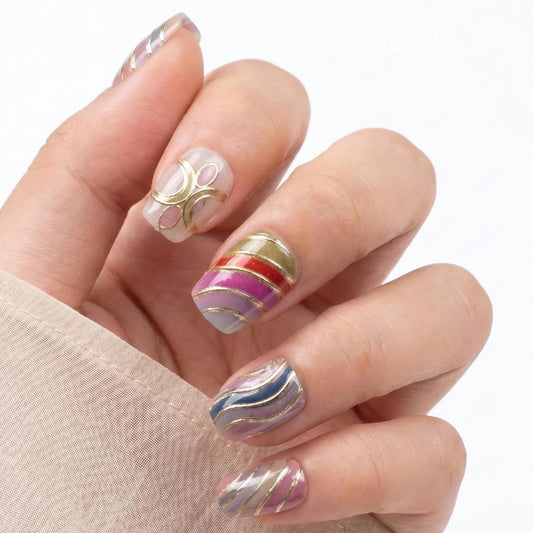 Taoyisent Colorful Abstract Press On Nails Short Square Glossy, Gold Line Art Fake Nails, Reusable Full Cover Stick On Nails for Women Party Vacation Festival Daily Wear, 30PCS