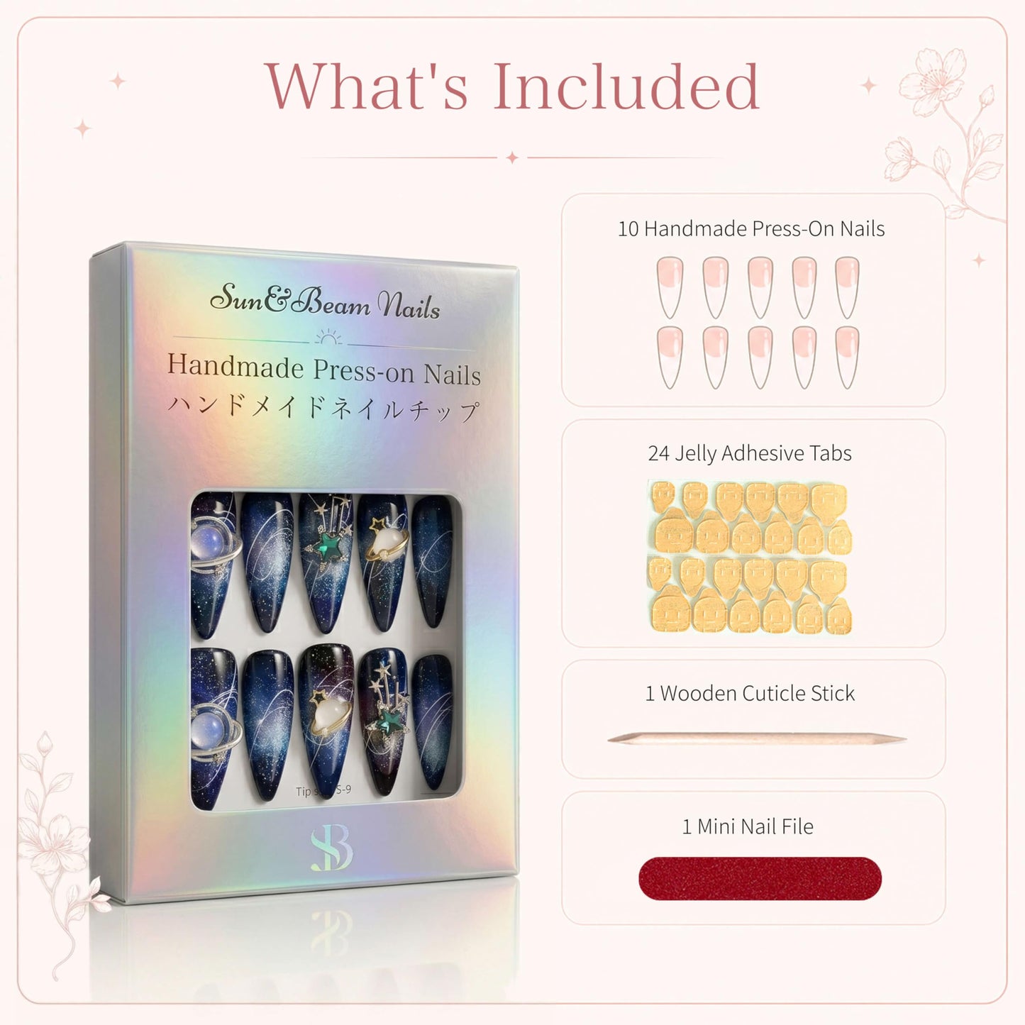 Sun&Beam Nails Handmade Press on Fake Nails Medium Long Nail Tips Popular Design Ballerina Pink 3D Flower Cute Pearl with Storage Box 10 Pcs (#002 L)