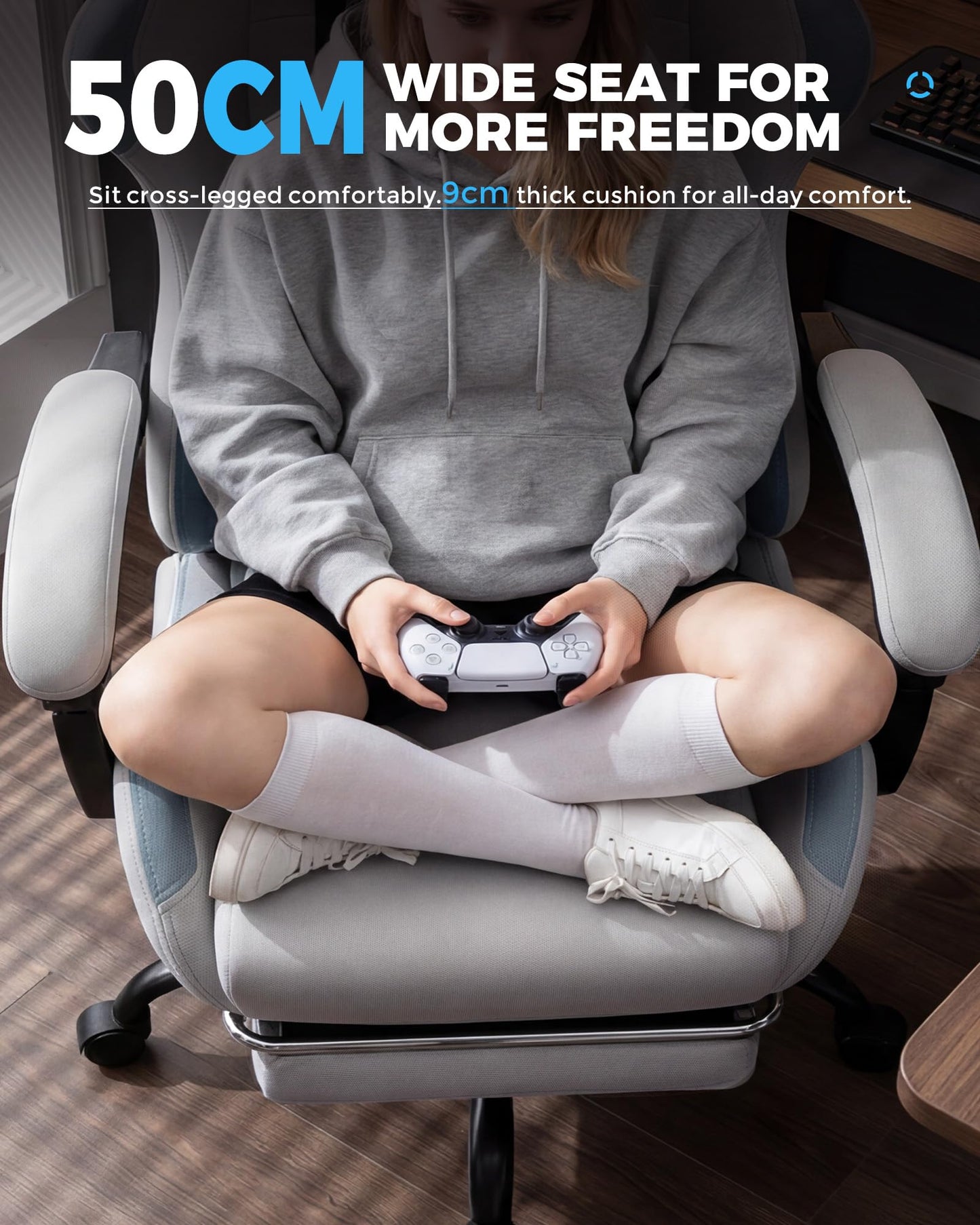GTPLAYER Gaming Chair Fabric with Pocket Spring Cushion,Computer Office Chair with Lumbar Support for Adults Linkage Armrests and Footrest Ergonomic Gamings Chairs Height Adjustable Gray