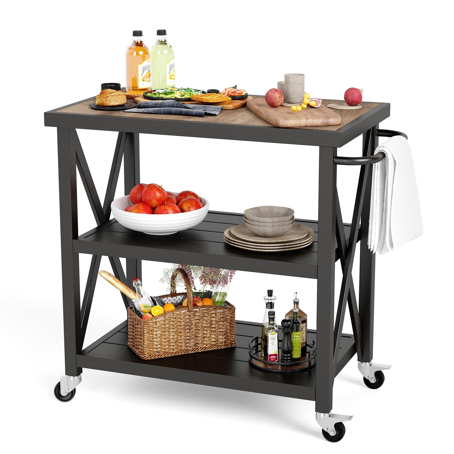 PHI VILLA Outdoor Grill Table, Elegant Grill Cart with Ceramic Wood Grain Table Top, Serving Cart with Shelves, Patio Grilling Backyard BBQ Grill Cart, Black