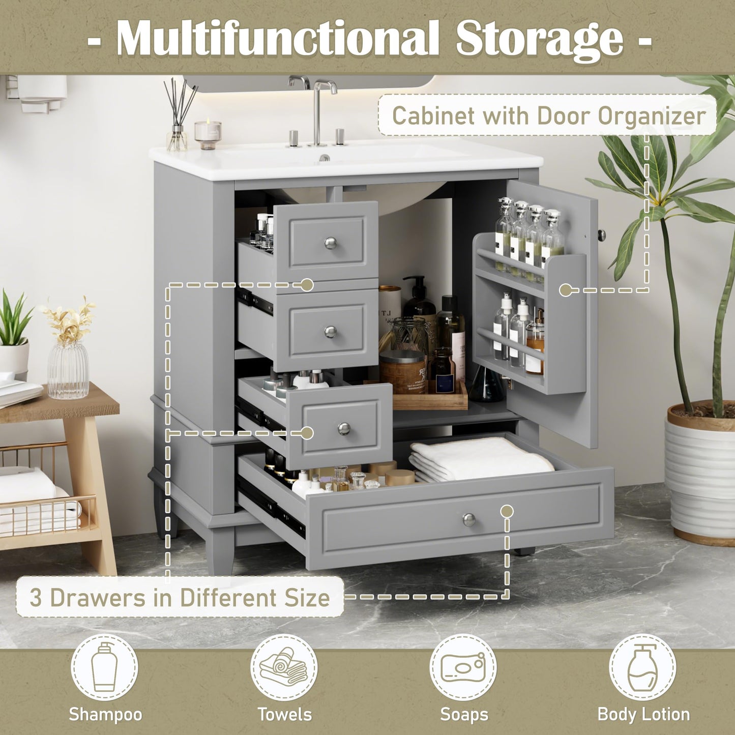 30" Bathroom Vanities with Ceramic Sink, Multi-Functional Modern Wood Storage Cabinet Organizer Door Shelf, Left Side Drawers, Soft-Closing Door, Gray
