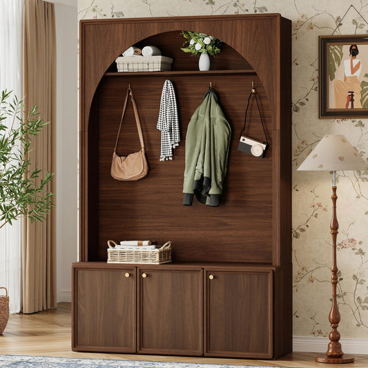 Merax Farmhouse Hall Tree with Bench and 3 Cabinets, 4-in-1 Entryway Coat Rack with 4 Golden Hooks and Top Compartments, 77.5" Retro Arched Entryway Hall Tree for Hallway, Mudroom, Entrance, Walnut