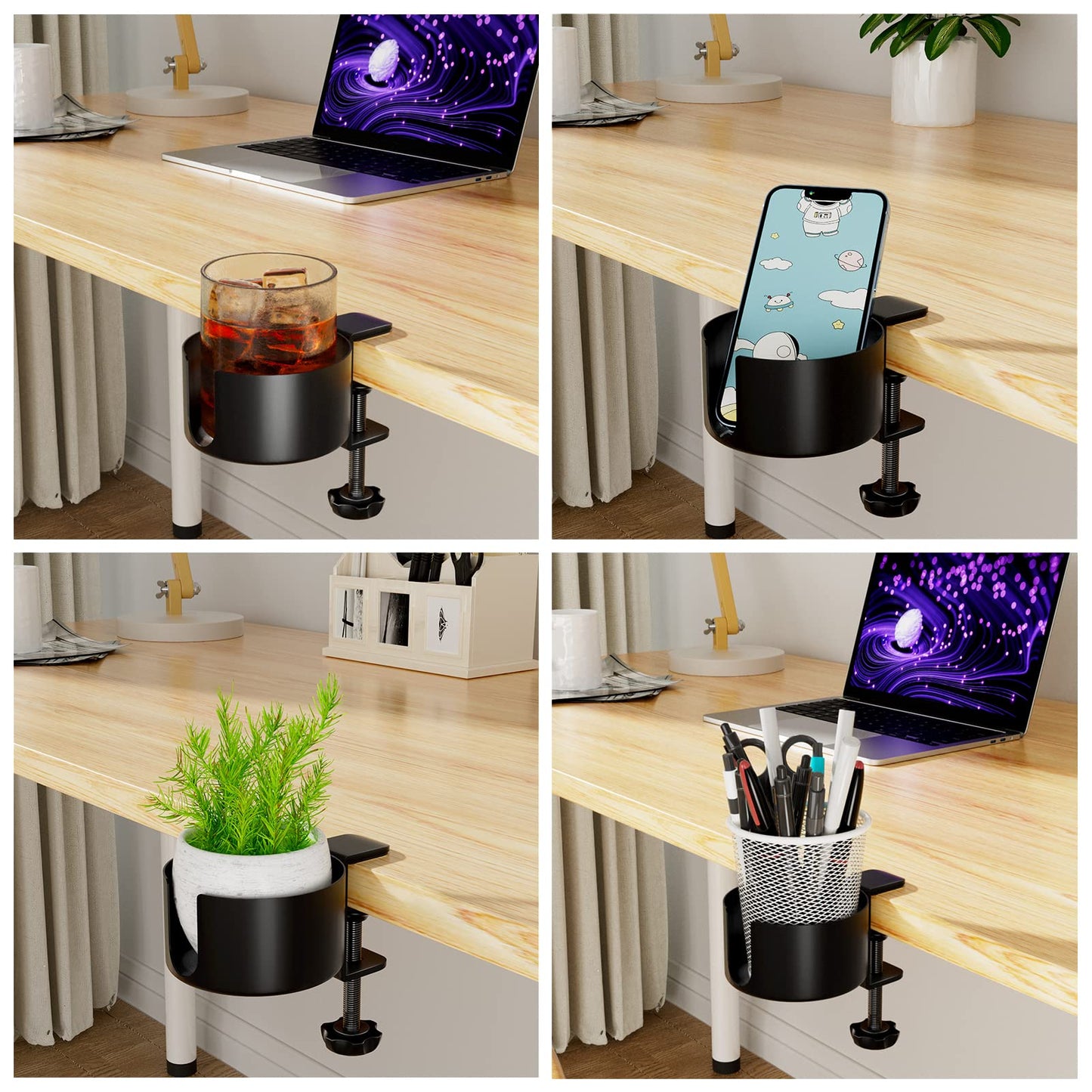 Desk Cup Holder, OOKUU Anti-Spill Cup Holder for Desk or Table, Sturdy and Durable Desk Accessories, Easy to Install, Enough to Hold Coffee Mups, Water Bottles, Gaming PC Office Accessories, Black
