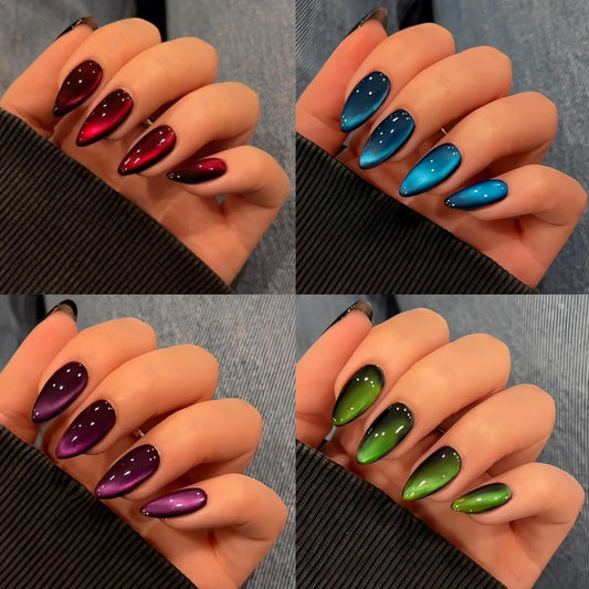 KQueenest 4 Packs Gel Press On Nails Almond, Cat Eye Press On Nails Medium Stiletto, Dark Fake Nails Press Ons Chrome Black, Glitter Glue on Nails for Women Party Prom, 96 Pcs Gift Kit