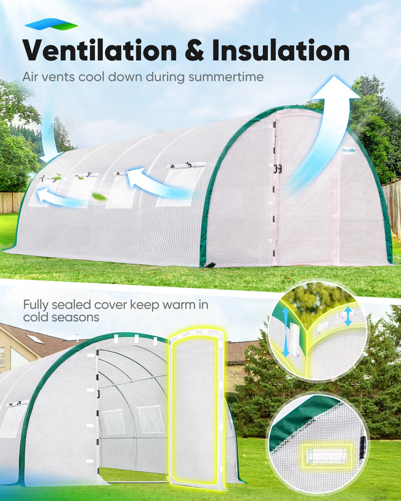 Quictent 20x10x6.6 FT Premium Greenhouse for Outdoors with 2 Door Frames, Reinforced Top Structure & Cover, Large Heavy Duty Walk-in Tunnel Hoop Green House for Garden Backyard Flower Winter, White