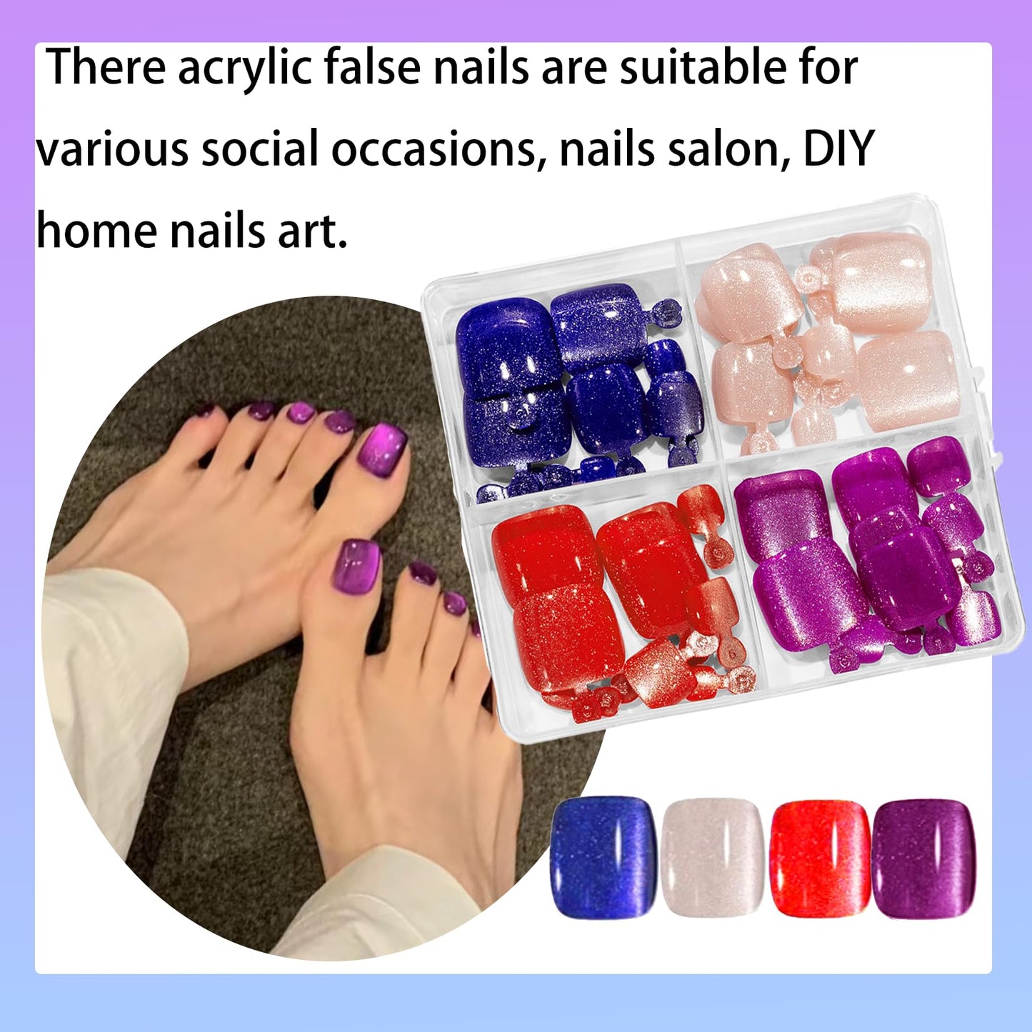 Cat Eye Press on Toenails for Women Press on Toe Nails Short Square Fake Toe Nails Blue White Red Purple Fake Toenails Glitter Reusable Full Cover Artificial Acrylic Toe Nails Manicure 96Pcs
