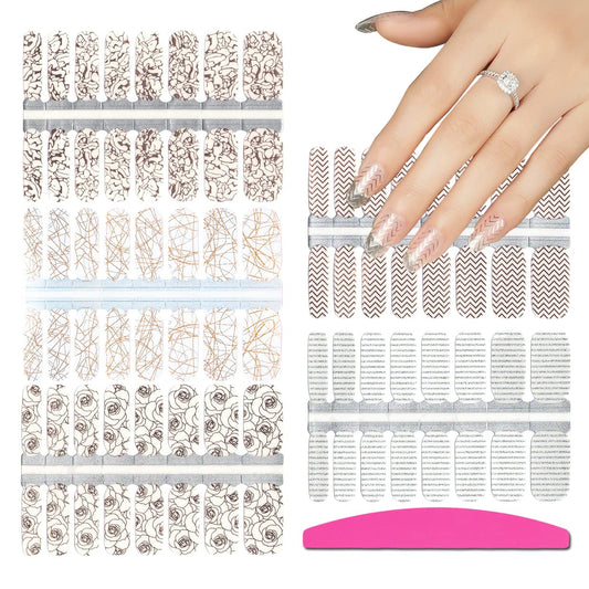 SILPECWEE 5 Sheets Rose Gold Full Nail Wraps Stick on Nail Polish Strips Stickers Tips Glitter Flower Manicure Design Adhesive Gel Nail Strips for Women with 1Pc File