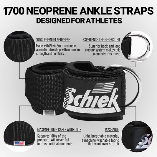 Schiek Sports Model 1700 Padded Neoprene Ankle Straps - Ankle Cable Attachments for Gym - Comfort Fit Ankle Straps