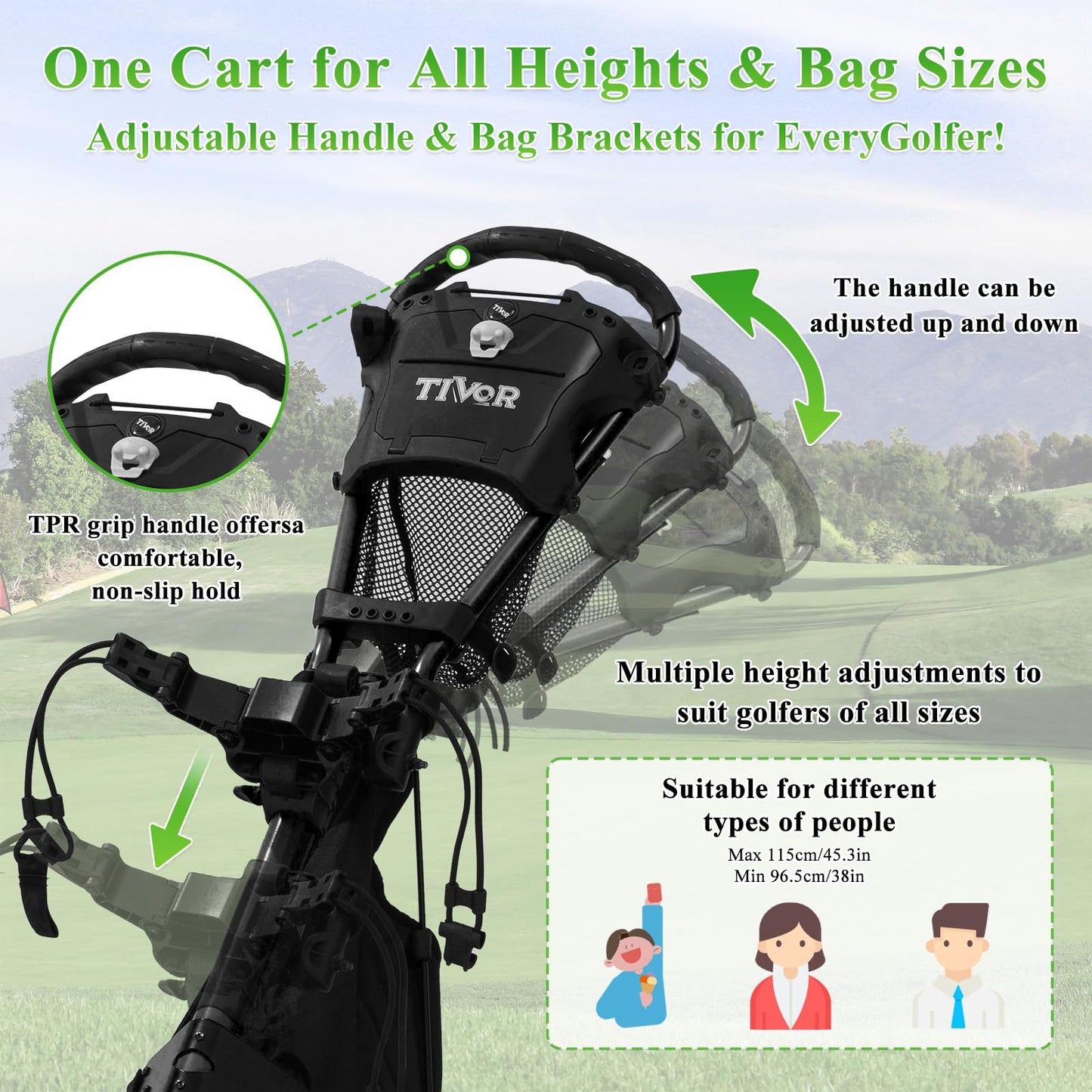 Tivor 3 Wheel Golf Push Cart, Lightweight Push Cart Golf One-Click Folding, Adjustable Height Pushcart for Golf Bags, Compact Design for Ladies, Junior Golfers