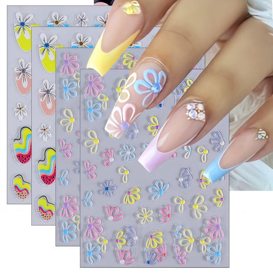 4 Sheets Hollow Daisy Flower Nail Art Stickers 5D Embossed Colored Daisy Flower French Irregular Line Design Ladies Girls DIY Nail Art Decoration