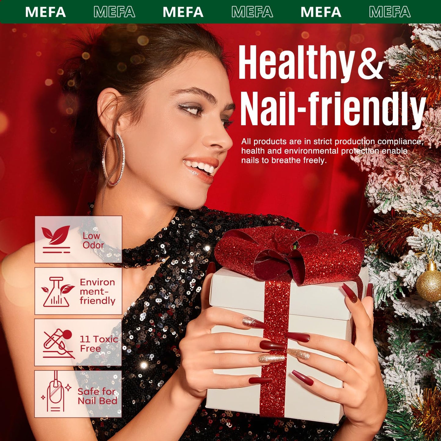MEFA 19 Pcs Gel Nail Polish Kit with U V Light, 12 Christmas Colors Burgundy Red Dark Green Glitter Gel Polish Winter Silver Gold Sparkle Nail Polish Manicure Soak Off DIY Salon Decorations Gifts
