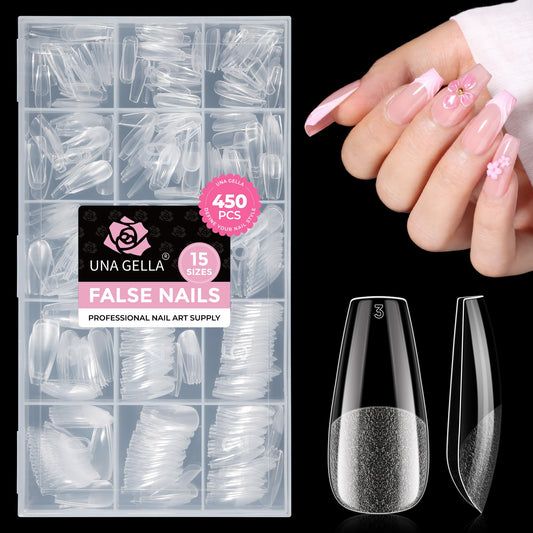 UNA GELLA Gel Nail Tips Coffin Medium 450PCS 15 Sizes Pre-shaped Full Cover Clear Coffin Press On False Nails Easy DIY Art Salon Acrylic Fake Nails Extensions Tips Long-Lasting Hold