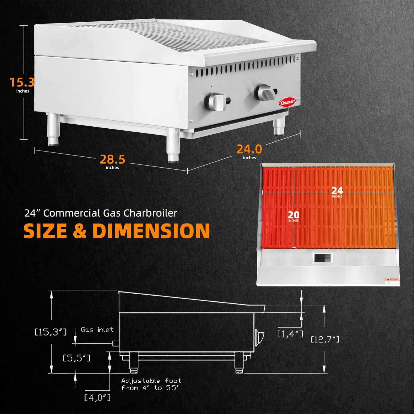 CHUMART 24” Commercial Charbroiler 2 Burners Gas Radiant Charbroiler with 70000 BTU U-Shaped Burners, Natural/Propane Gas Countertop grill with LP Conversion Kit for Restaurant