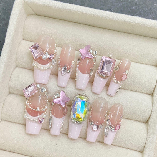 Wsiliana Handmade Fake Nails Press On Nails Medium Short Coffin Pink Tip 3D Design Art Charms Cute with Storage Box 10 Pcs (079, L)