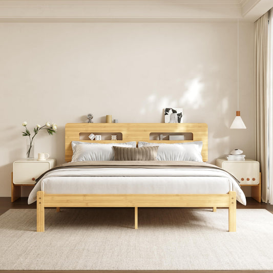 COMASACH Bamboo Wood King Size Bed Frame with Storage Headboard, 14 Inch High Solid King Platform Bed Frame, Metal Slats Support, Heavy Duty, No Box Spring Needed