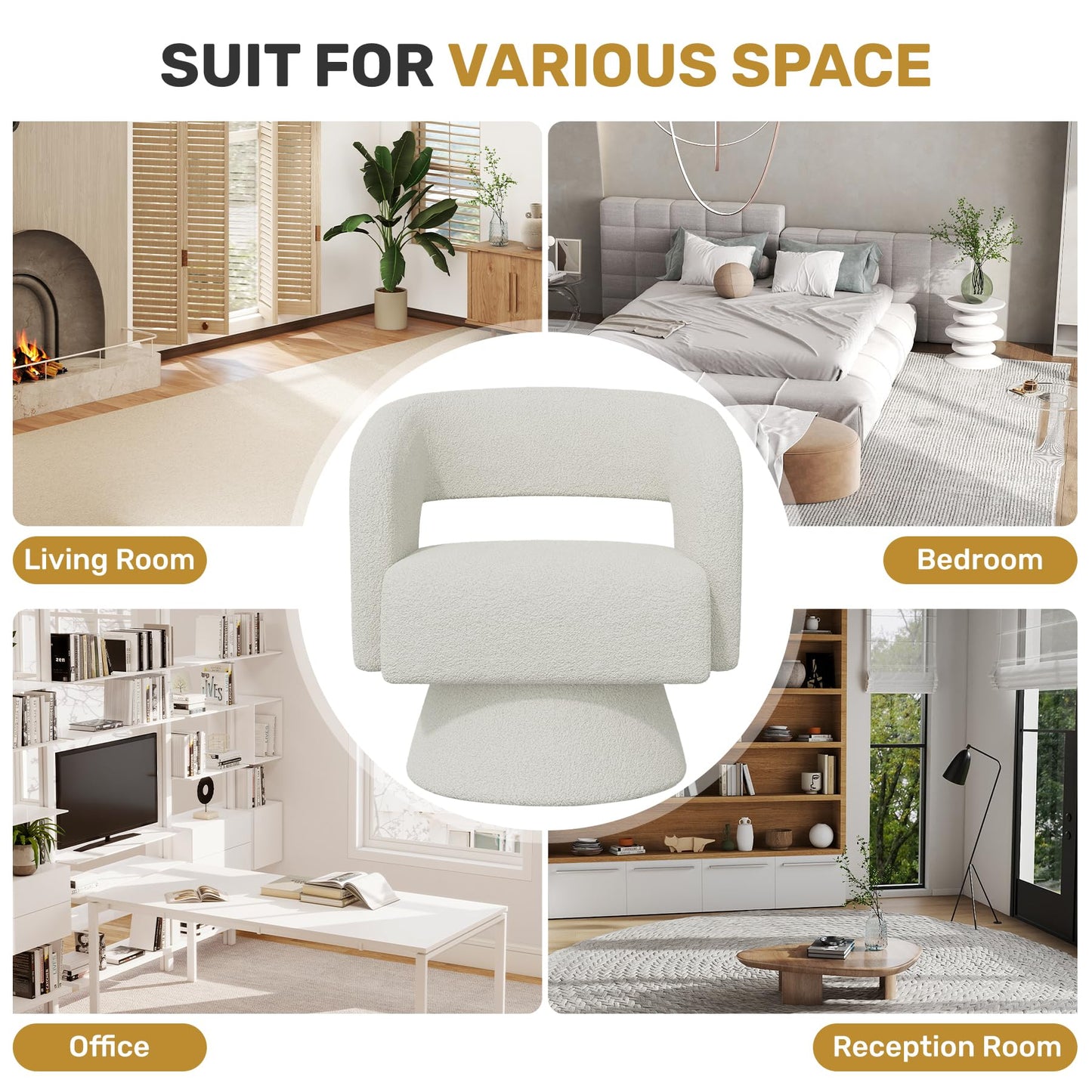 Nebuaegis Swivel Accent Chair Set of 2, Modern Comfy Teddy Barrel Chairs, Oversized Upholstered Round Arm Chair for Living Room, Bedroom, Reading Room, White