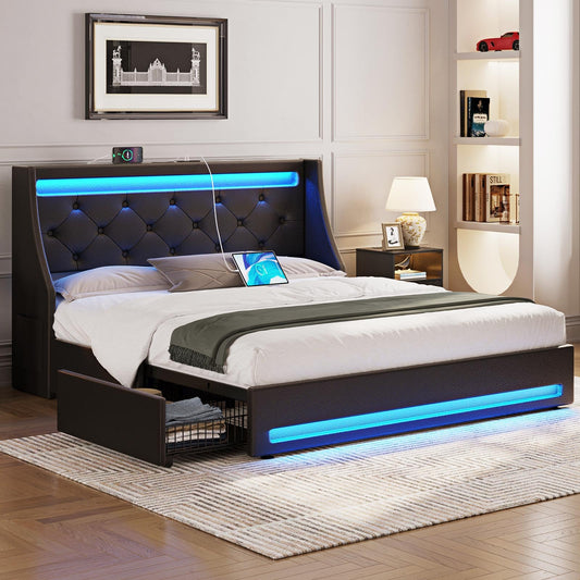 Rolanstar Queen Bed Frame with LED Lights and Charging Station, PU Leather Bed with Drawers, Wooden Slats, Noise Free, Easy Assembly, Black