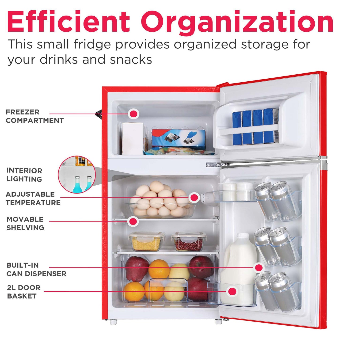 Frigidaire Retro Compact Fridge Freezer Combo, 3.1 cu. ft. Capacity, Small Top Freezer Refrigerator, Mini Fridge with Built-in Bottle Opener – 19”"D x 20.5" W x 33.5" H (Red)