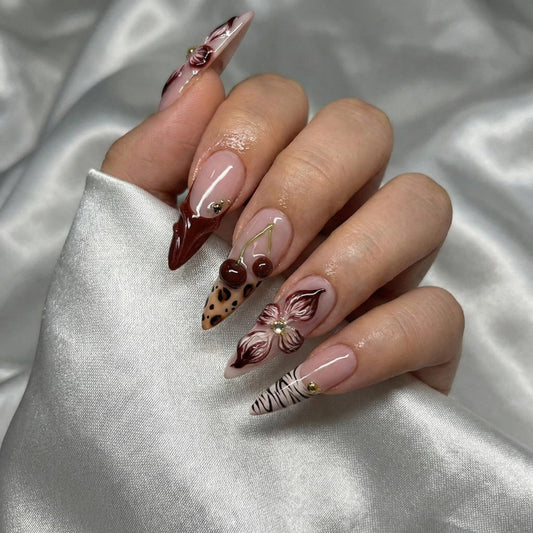 Almond Press on Nails Long Fake Nails Red Artificial Nail Seeneey Red Floral and Cherry Leopard Designs Cute Stick on Nail for Women 24pcs
