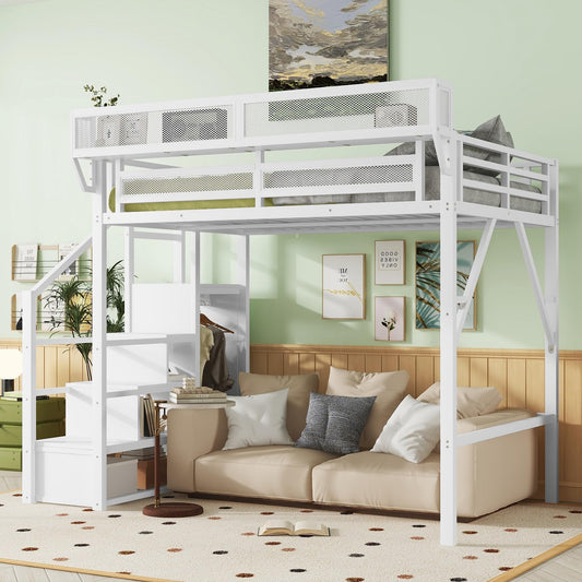DNYN Queen Size Loft Bed with Desk & Storage Shelves & Wardrobe & Staircase Design for Kids/Adults Bedroom,Sturdy Metal High Bedframe w/Led & USB Port,Super Save Space & No Box Spring Needed, White
