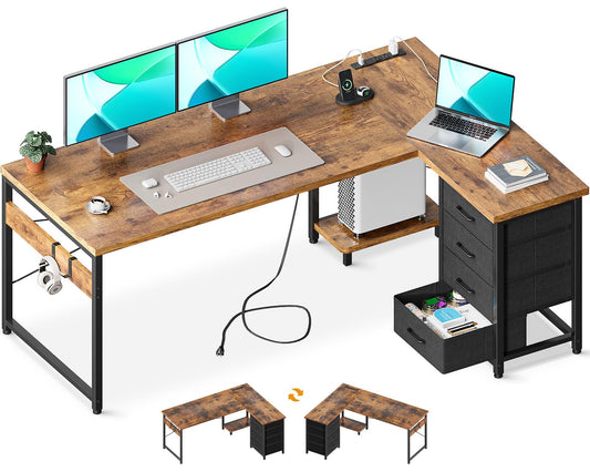 AODK L Shaped Desk with 4 Tier Drawers, 61" Reversible Gaming Desk with Power Outlets, L Shaped Computer Table with USB Charging Port and Host Stand, Home Office Table, Easy to Assemble, Vintage