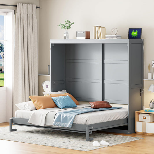 Ball & Cast Full Size Wall Cabinets Murphy Bed with Charging Station and Slat Support,Wood Hideaway Cabinet Platform Beds w/Leg & Lock,can be Folded,Space-Saving,for Small Room,Dorms,Gray
