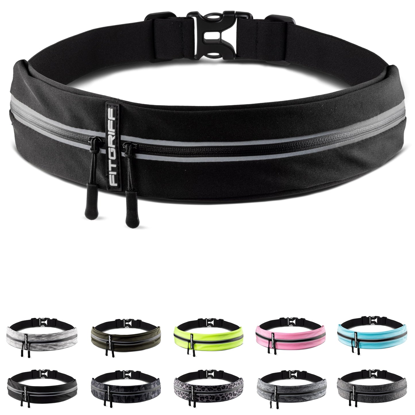 Fitgriff® Running Belt for Men & Women - Secure Jogging Pouch for Phone, Keys & Essentials - For All Cell Phones (Black, 24.5" - 35.5" Waist Size)