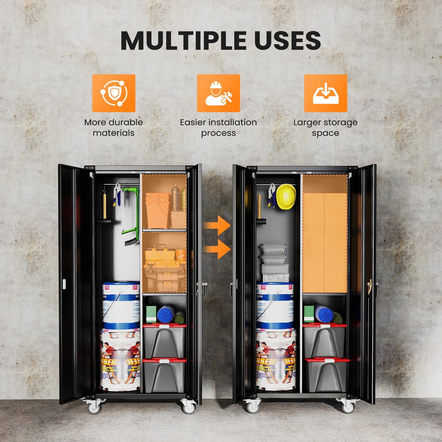 DUMOS 72" H Black Metal Garage Storage Cabinets with Lock Door, Adjustable Shelves and Wheels, Steel Tool Cabinets for Home,Office,Warehouse