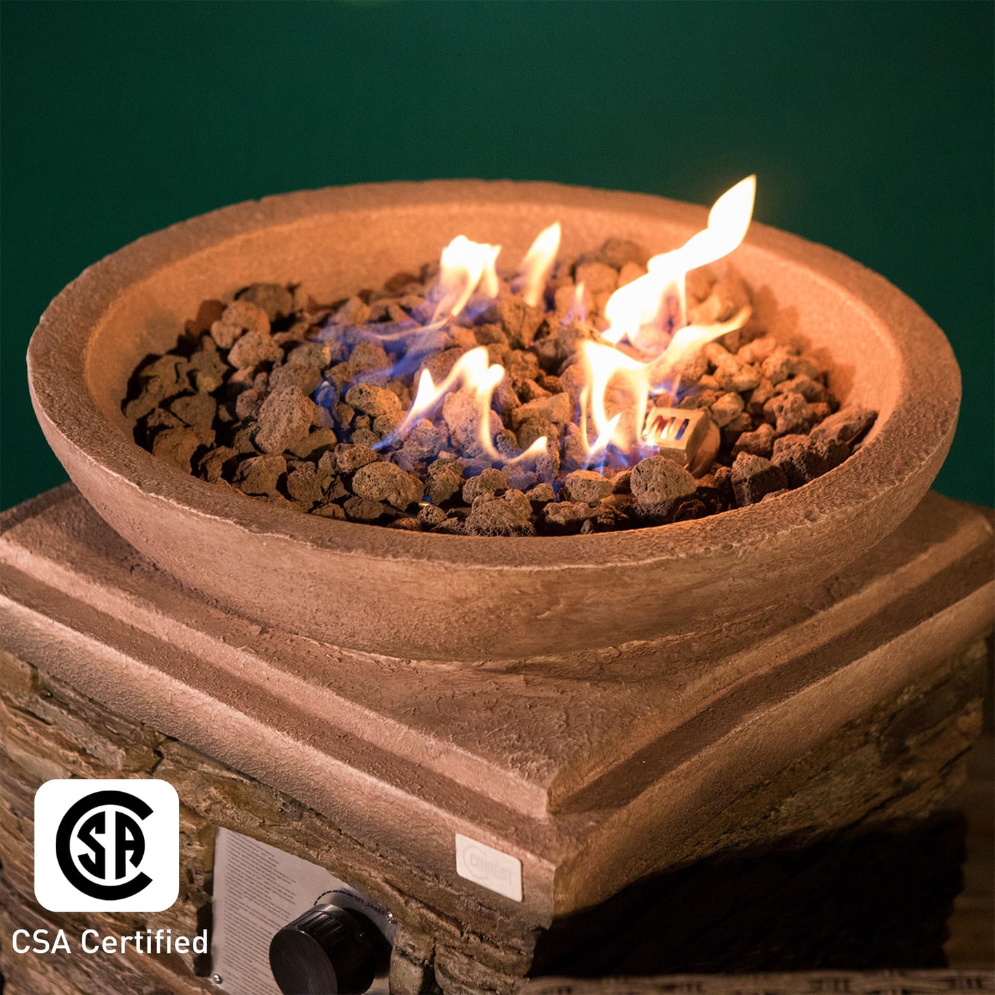 COSIEST Outdoor Propane Fire Pit Table w Faux Brown Compact Ledge Stone 20" Square Base and Faux Rose-Marble Round Bowl, Certified, 40,000 BTU, Free Lava Rocks, Fits 20lb Tank Inside, Raincover