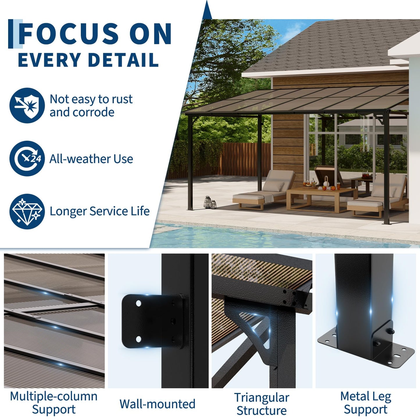 10x14 FT Heavy Duty Wall Mounted Gazebo Pergola,All-Weather Lean to Gazebo with 6mm Anti-UV Polycarbonate Roof & Pre-Drilled Post Bases,Metal Frame Awning,Hard Top Gazebos for Outdoor Deck & Backyard