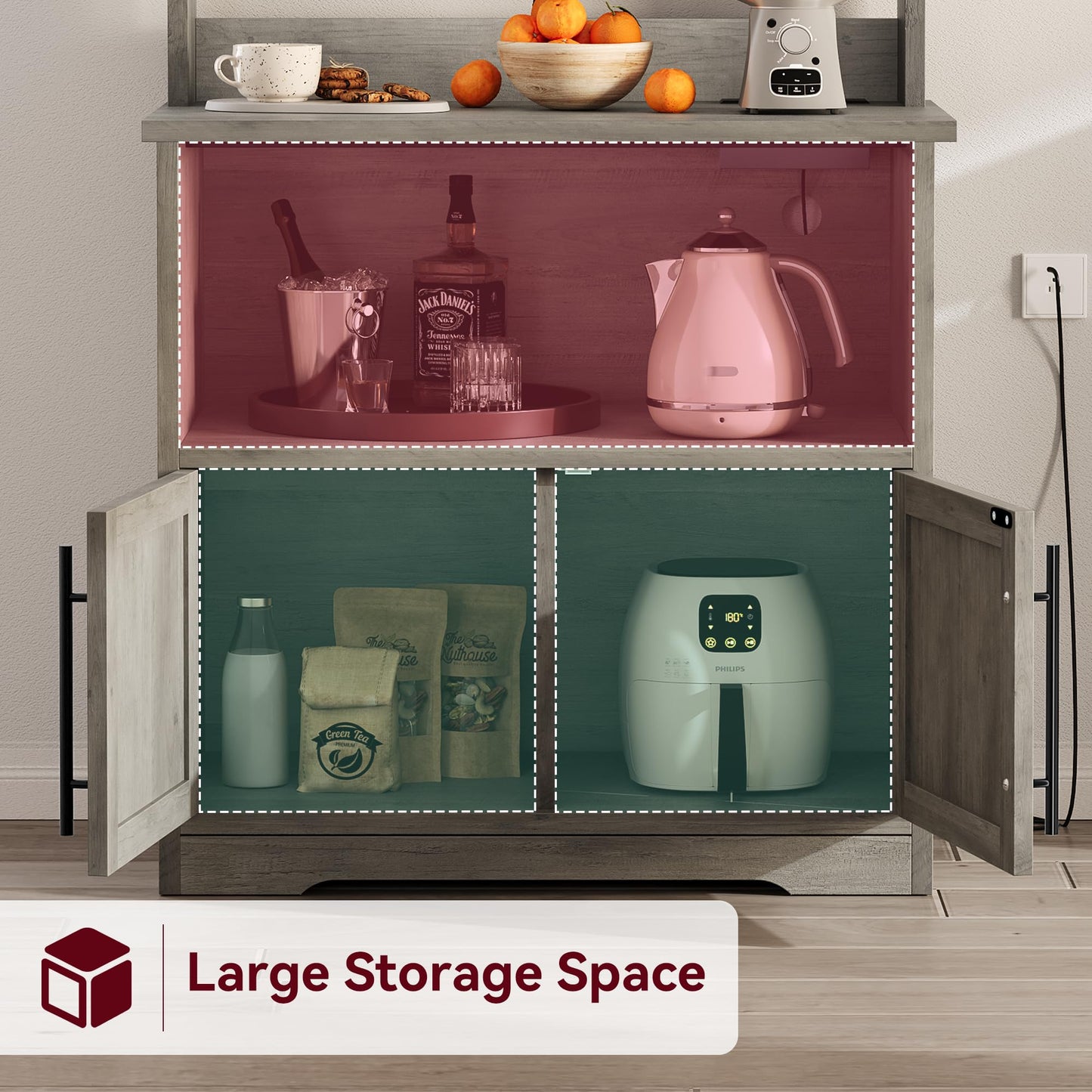 GAOMON Bakers Rack with Power Outlet and USB, Microwave Stand with Storage Cabinet, Coffee Bar Station for Kitchen, Utility Shelf Rack for Spices, 63" Tall, Gray