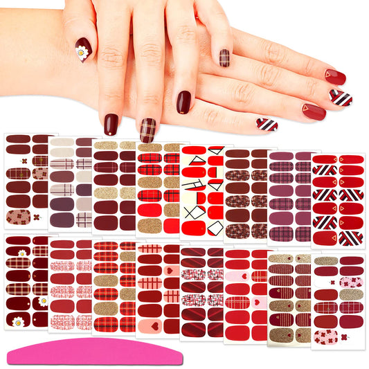 SILPECWEE 16 Sheets Red Plaid Nail Polish Strips Self Adhesive Nail Wraps Nail Polish Stickers for Women Nail Strips Real Nail Polish Manicure Kit with 1pc Nail File