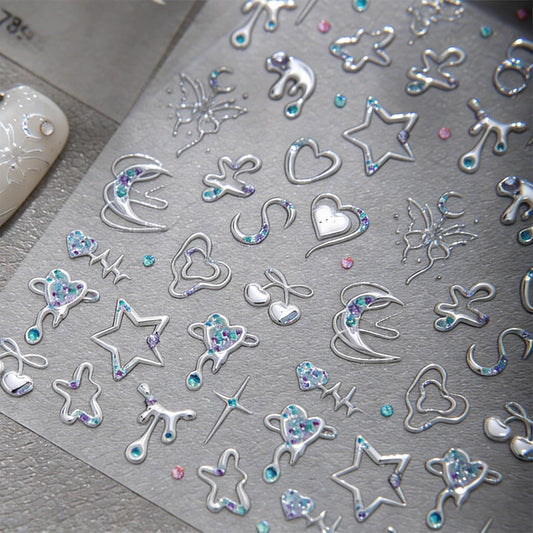 5D Embossed Silver Y2K Nail Art Stickers, Heart Star Moon Nail Decals with Rhinestone Accents, Self-Adhesive Celestial Nail Decorations for Acrylic Gel Nails, DIY Manicure Supplies for Women (1 Sheet)