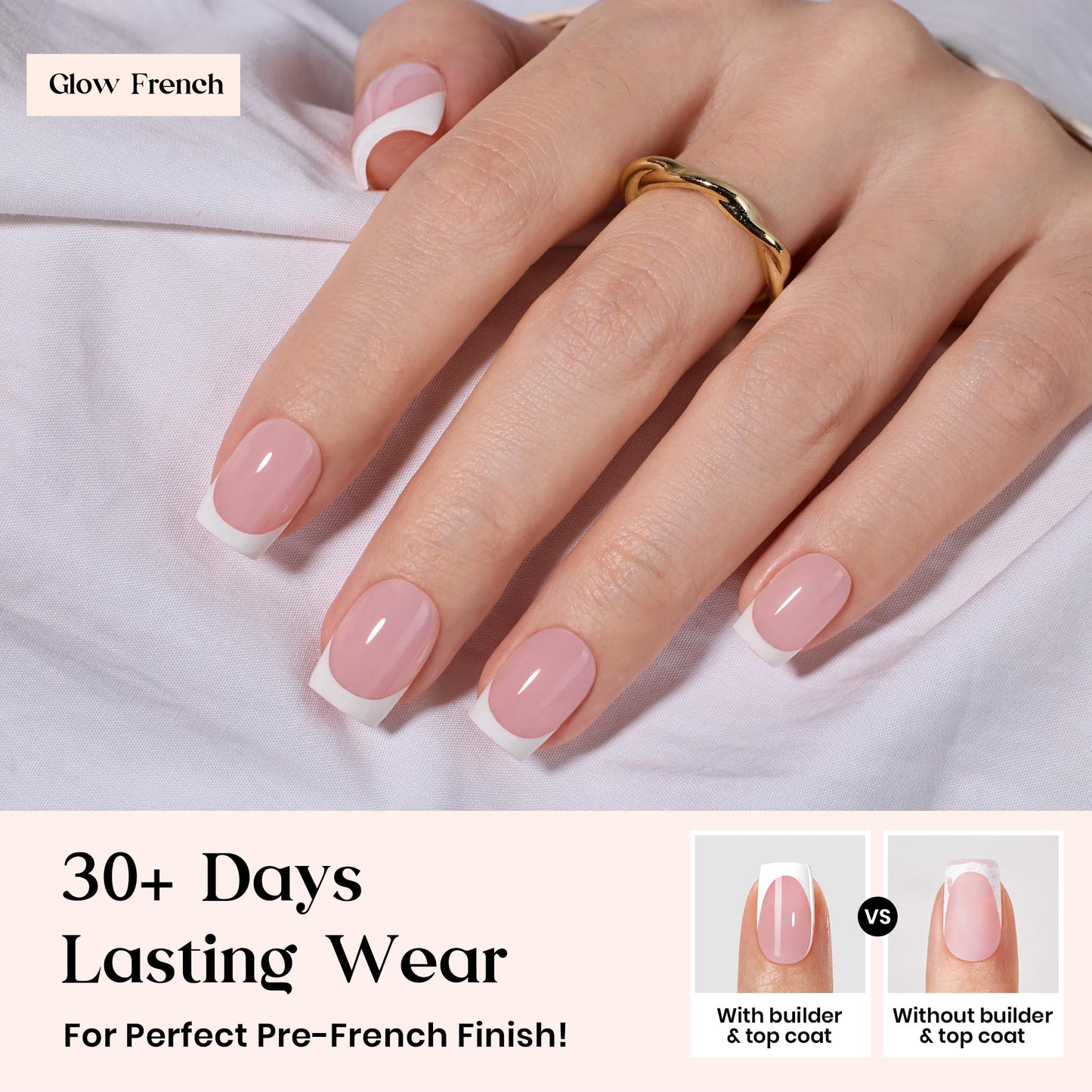 Beetles X Press Plus Gel Nails Kit - Pearl French | Pink Short Square French Tip Press On Nails | 150Pcs 15 Sizes All-in-One Kit With Nail Glue,Remover,Builder Top Coat,Nail Lamp Gift For Women