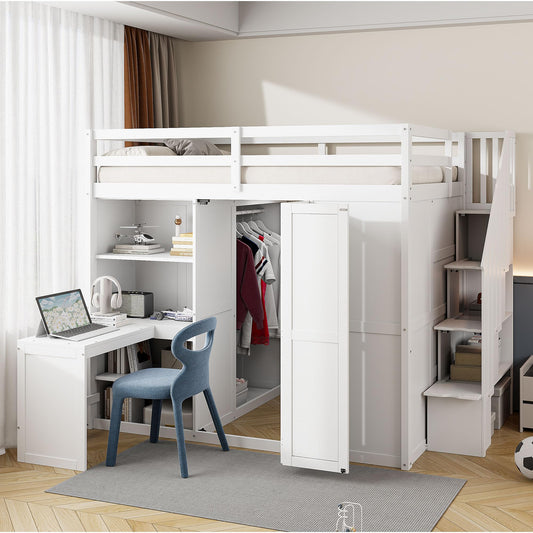 Merax Full Size Loft Bed, Wood Bedframe with Wardrobe, Storage Stairs, Desk and Shelves for Kids Teens Adults Bedroom, White