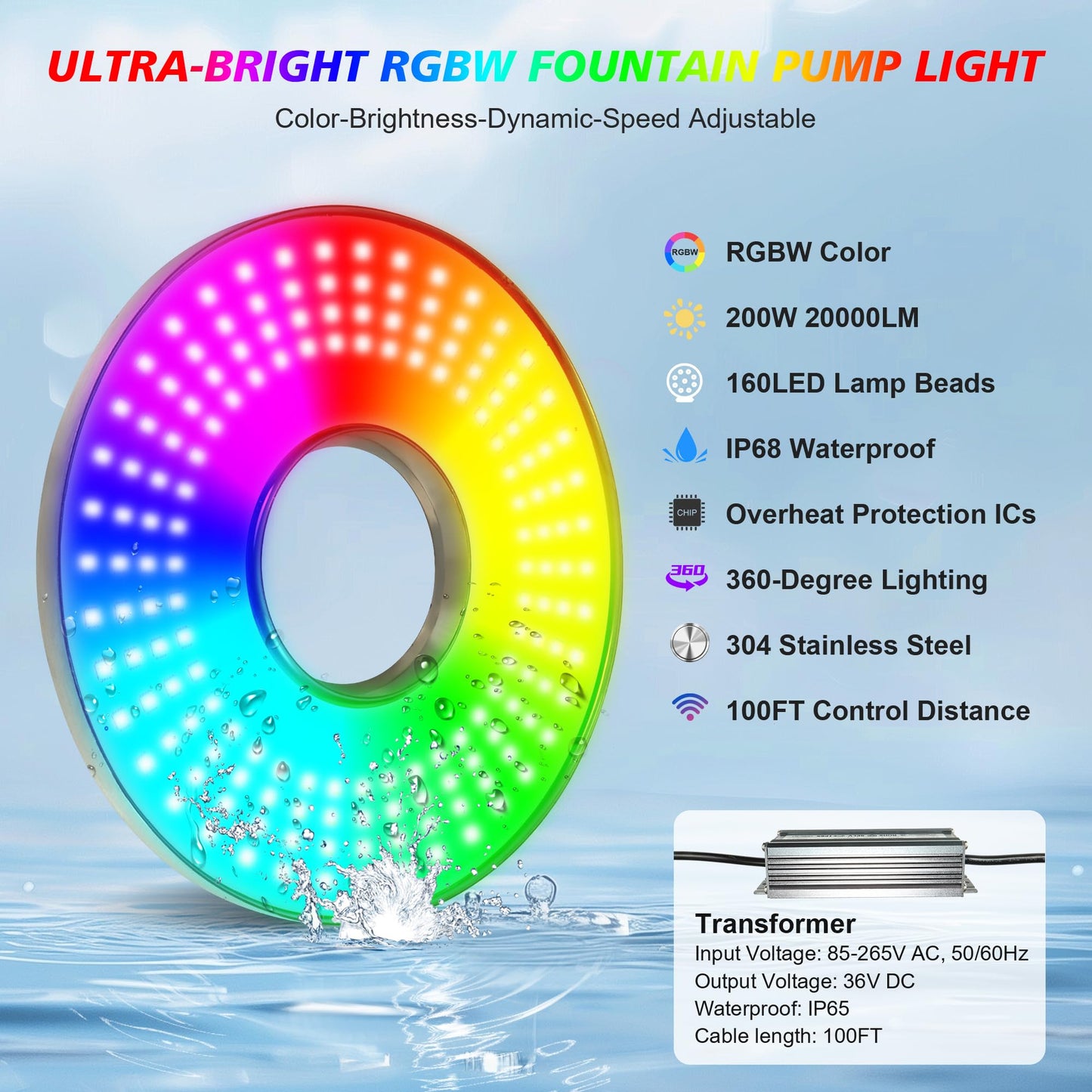 Goldlife Pond Fountain Aerator Lights, 200W RGBW 20000LM 160LED Fountain Light With 100FT Power Cord, IP68 Waterproof Stainless Steel Wireless Sync Control Floating Fountains Pump Light for Lake Ponds