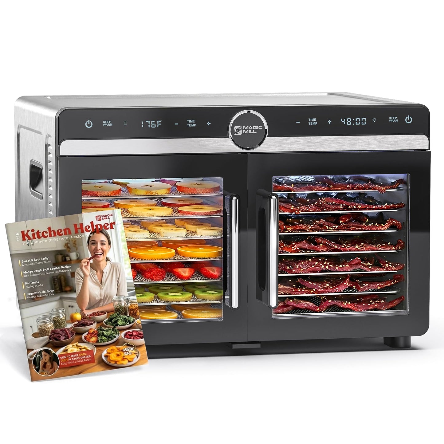 Magic Mill Premium DualZone Food Dehydrator, 16 Stainless Steel Trays with French Doors, Independent Temp Control, Rear Fan, Keep Warm Mode, for Jerky, Fruit, Veggies, Dog Treats, Meal Prep