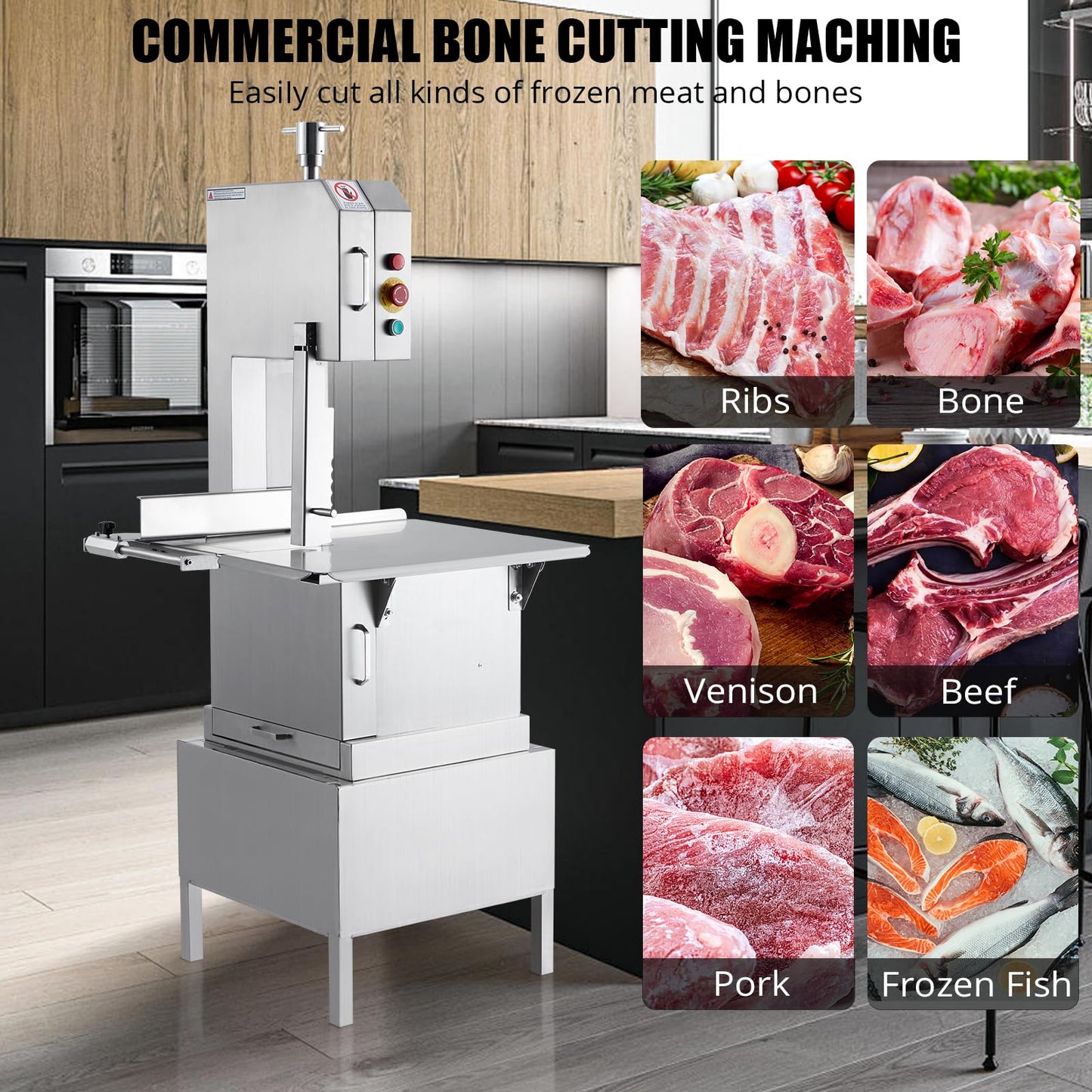 GarveeTech Electric Bone Saw Machine, 850 w Countertop Commercial Meat Saw, Stainless Steel Workbench Bone Cutting Bandsaw, 4 in Max Cutting Thickness, Sawing Speed 15 m/s Frozen Meat Cutter