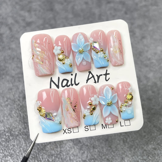 Summer Press On Nails Beach Handmade Press Ons Short Duck White Homemade Press On Nails French Tip With 3D Design Fake Nail Art For Women S