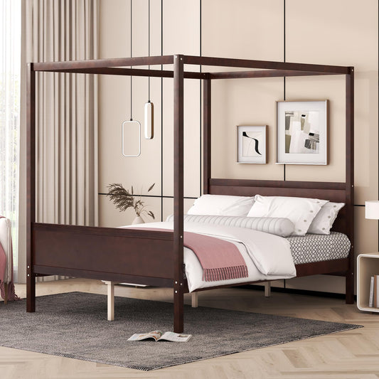 GDFStudio Queen Size Canopy Bed Frame, Wood Platform Canopy Bed Queen with Headboard and Footboard, Four Poster Canopy Bed Frame with Slat Support, No Box Spring Needed, Easy Assembly, Espresso