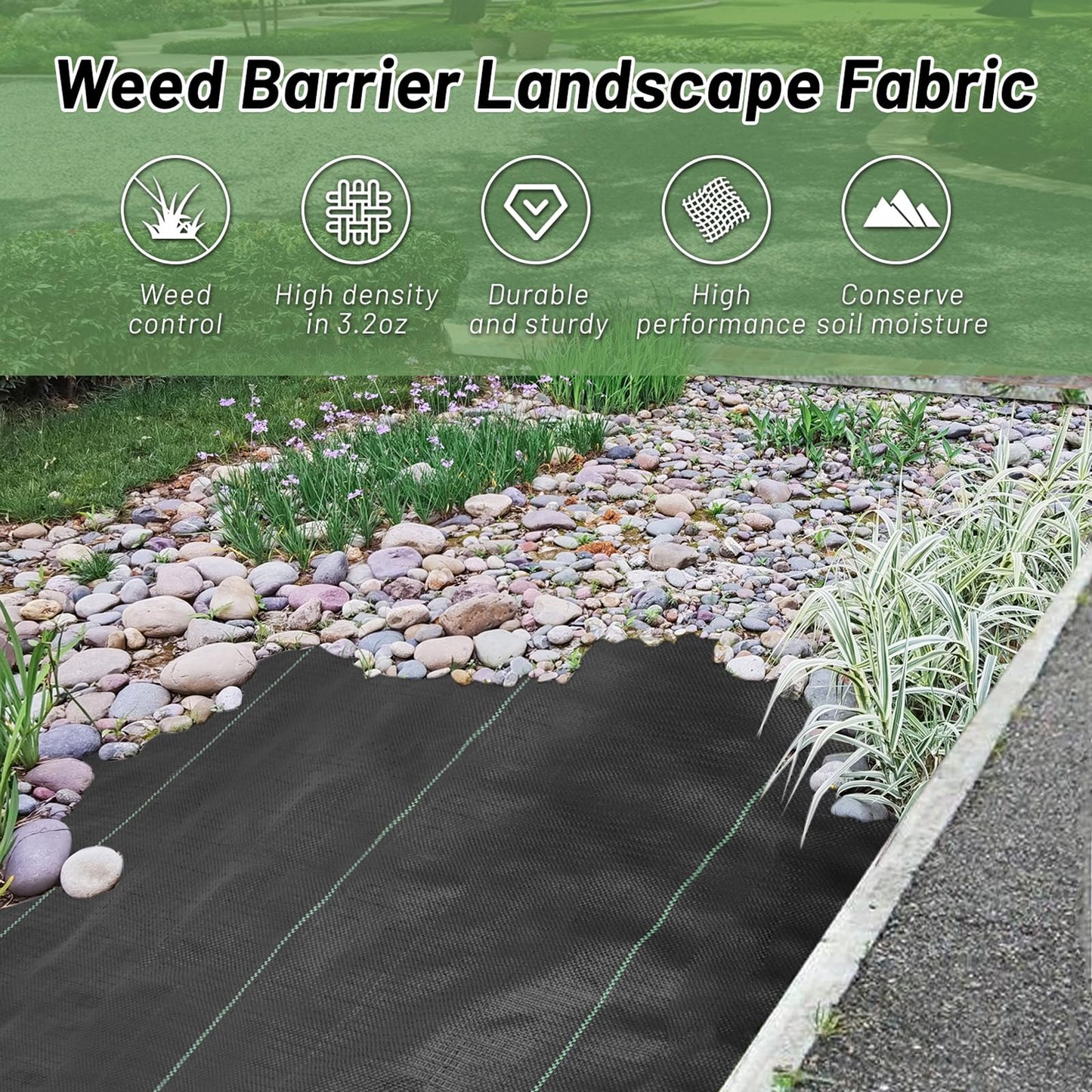 FYFMFER 4FT x 100FT Weed Barrier Landscape Fabric，3.2oz Premium Heavy Duty Woven Cloth for Garden Ground Cover Geotextile Fabric for Gardening, Farming with 20 U-Shaped Securing Pegs